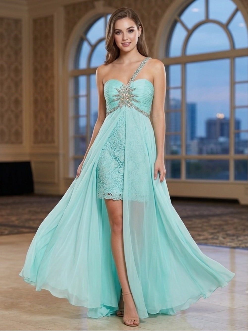 Dave & Johnny Prom dress crochet flower underlay single strap size 7/8.
